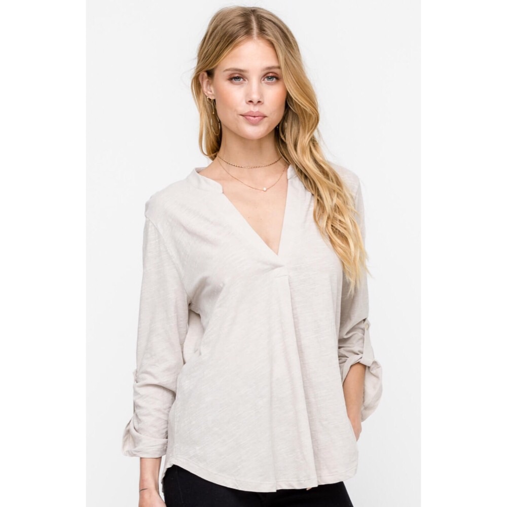 Megan V-Neck Cotton Top - Light Beige - Picture 3 of 6